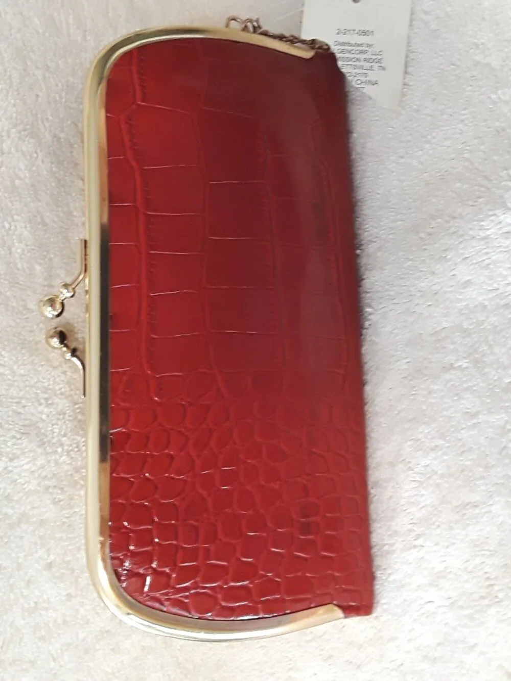 2Pc set: Red Glossy Faux Croc Wallet Kiss-Lock + Red/Pink Coordinated Coin Purse